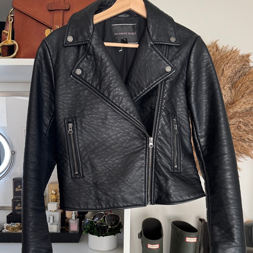 Victoria's Secret Black Faux Leather Moto Jacket with Silver Hardware
